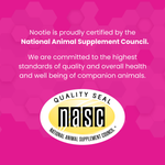 Pink promotional graphic with white text stating that Nootie is certified by the National Animal Supplement Council, plus a large NASC quality seal logo at the bottom.