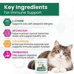 Promotional graphic for a cat immune support supplement. The left side features a green header reading 'Key Ingredients For Immune Support' with icons and text for L-Lysine, Bromelain, Colostrum, and Probiotics.