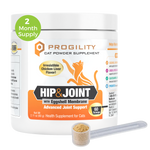 A white tub of ProGility Hip & Joint cat powder supplement with orange and black label accents, shown on a white background with a small clear scoop and a green '2 Month Supply' badge.