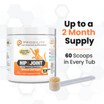 A white tub of ProGility Hip & Joint cat powder supplement shown on a white background with a small scoop of tan powder in front. Text on the right reads 'Up to a 2 Month Supply' and '60 Scoops in Every Tub'.