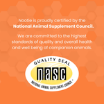 Orange promotional graphic with text stating that Nootie is certified by the National Animal Supplement Council, plus a large NASC quality seal logo at the bottom.