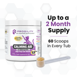A white tub of ProGility Calming Aid cat powder supplement with a scoop of tan powder in front, alongside promotional text stating 'Up to a 2 Month Supply' and '60 Scoops in Every Tub' on a light gray hexagonal background.