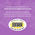 Purple promotional graphic with white text stating that Nootie is certified by the National Animal Supplement Council, plus a large NASC quality seal logo at the bottom.