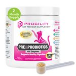 A white tub of ProGility Pre & Probiotics cat food supplement with a pink and black label, shown on a white background with a small clear scoop containing beige powder in front and a green circular '2 Month Supply' badge at the top left.